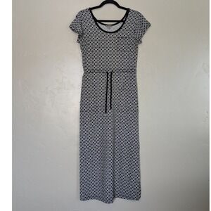 T by Talbots‎ Dress Small Petite Black & White Geometric Midi Drawstring Waist